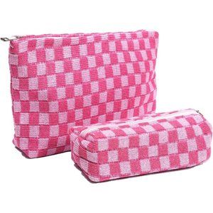 Women Large Cosmetic Bag Set with Makeup Brush Bag Checkered Cosmetic Pouch Pink